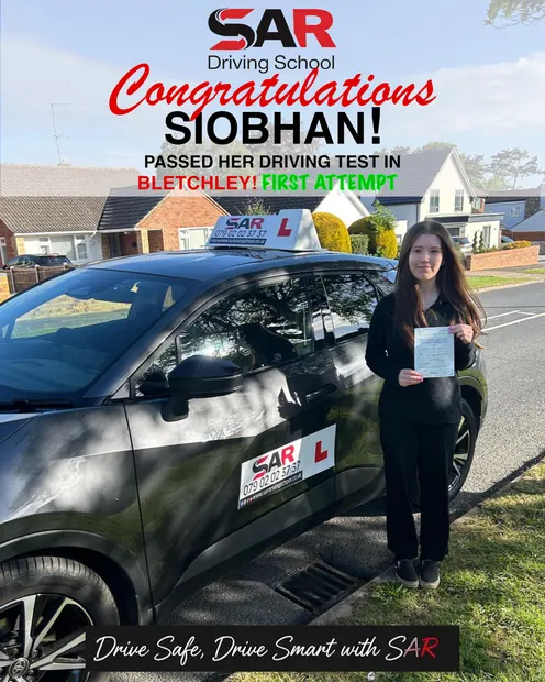 Siobhan, first-time pass at Bletchley with SAR Driving School