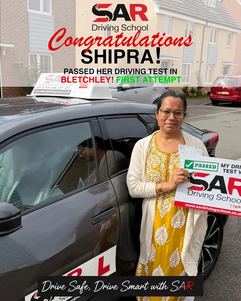 Shipra, first-time pass at Bletchley with SAR Driving School