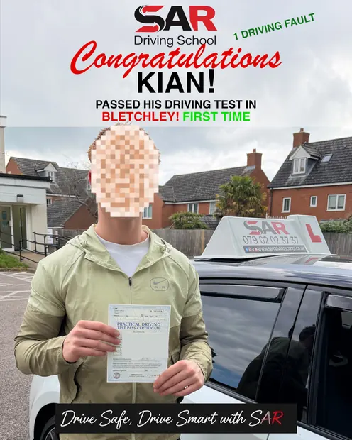 Kian, first-time pass at Bletchley with SAR Driving School