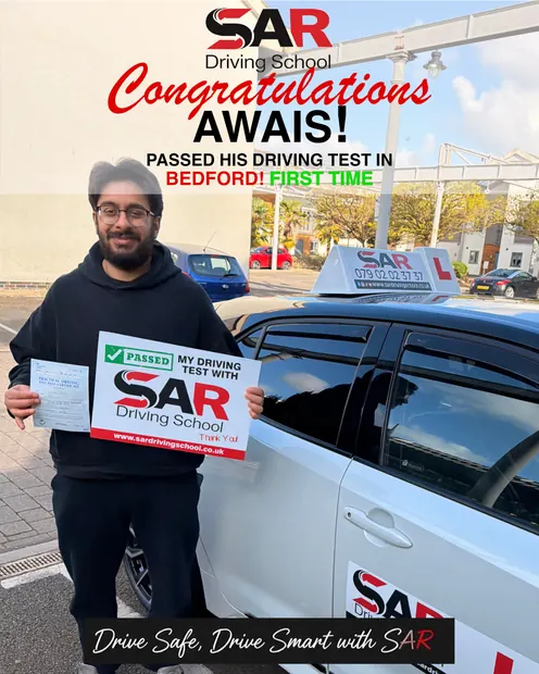 Awais, first-time pass at Bedford with SAR Driving School