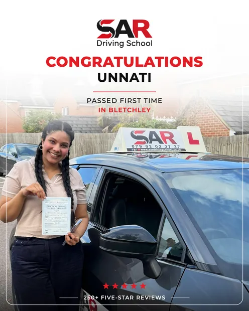 Unnati, first-time pass at Bletchley with SAR Driving School